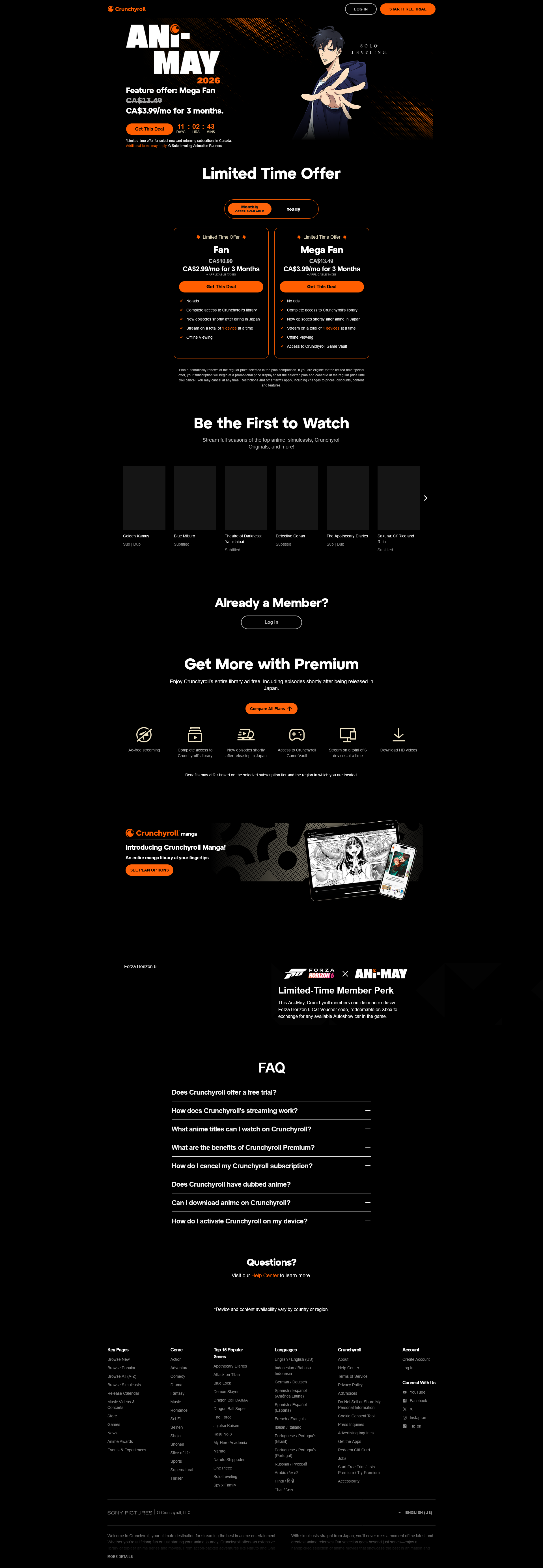 Audited Crunchyroll homepage with pricing table and countdown timer